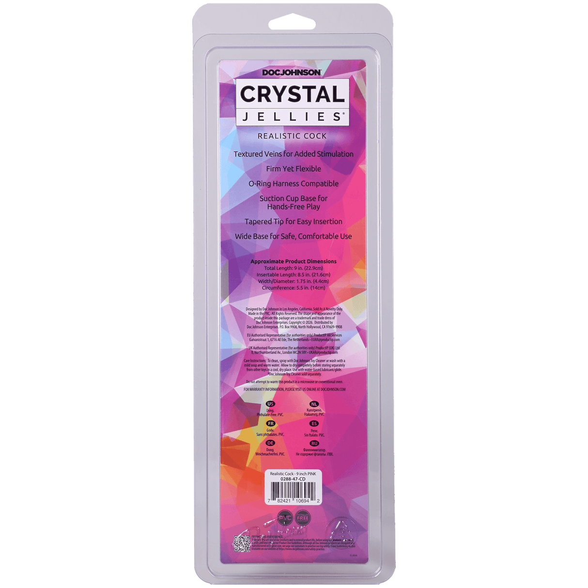 Crystal Jellies Realistic Cock 9 Inch Pink packaging featuring textured veins for stimulation and tapered tip for easy insertion.