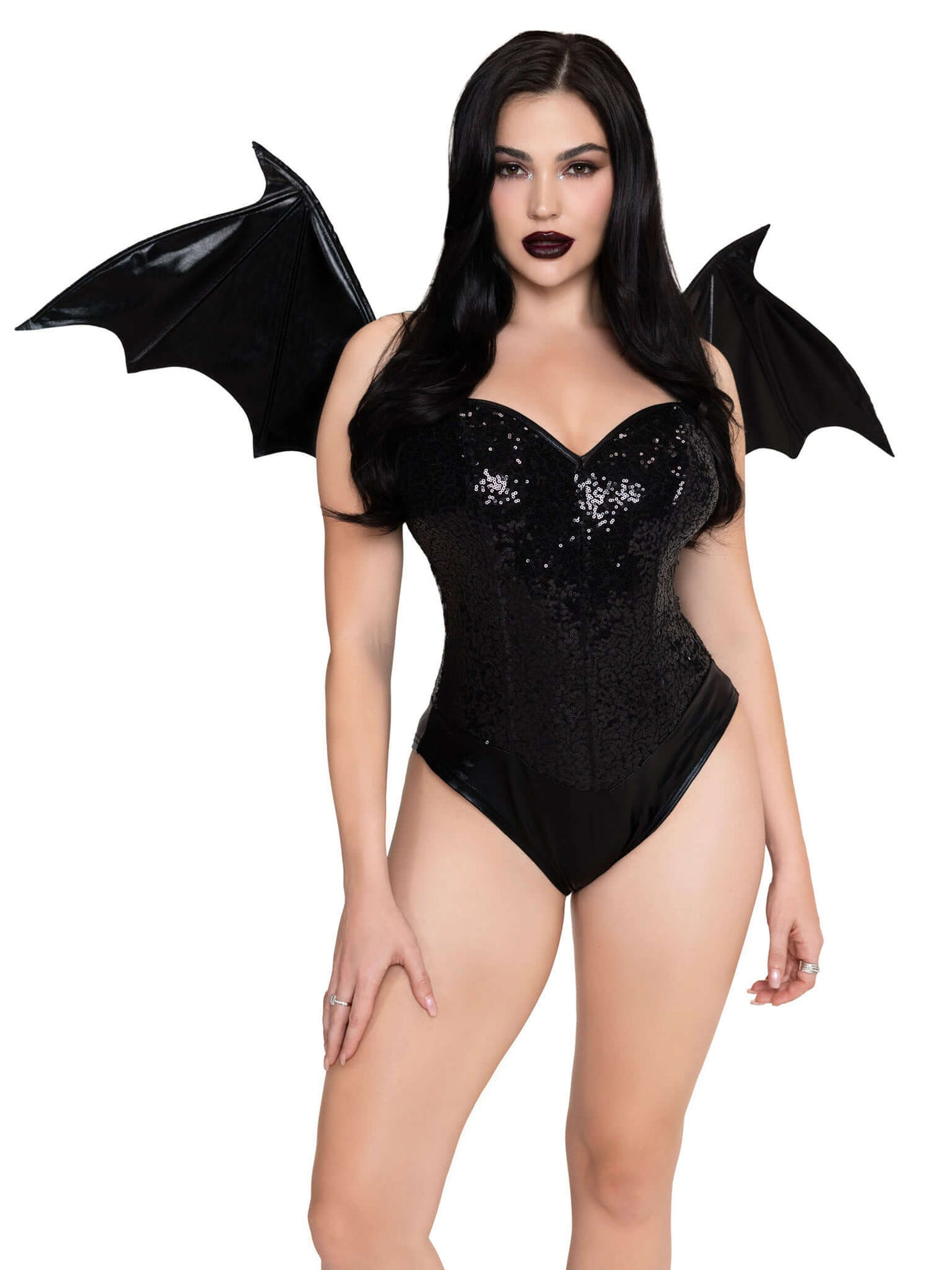 Leg Avenue Wet Look Strapless Bat Wings Black worn by a model showcasing dramatic bat wing accessory for Halloween.