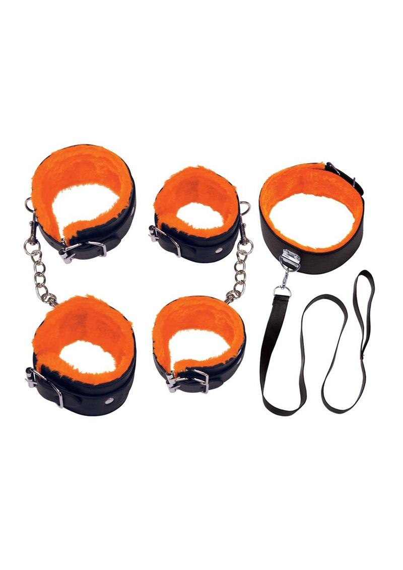 Orange Is The New Black Restrain Yourself Bondage Kit featuring wrist cuffs, ankle cuffs, collar, and leash.