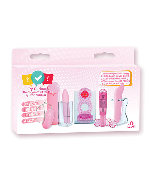 Icon Brands Try Curious 5 Piece Vibrator Kit Pink packaging featuring five pink vibrators for exploration and pleasure.