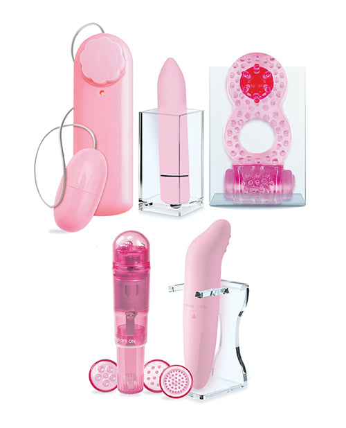 Icon Brands Try Curious 5 Piece Vibrator Kit Pink featuring five vibrant pink pleasure toys.