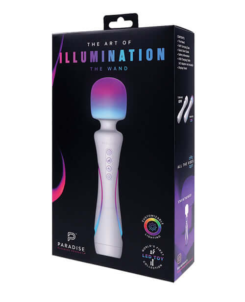 Illumination THE Wand Massager White packaging featuring customizable LED lighting and elegant design.