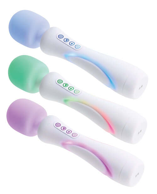 Illumination THE Wand Massager White set featuring three color variants: blue, green, and purple, offering customizable LED lighting.