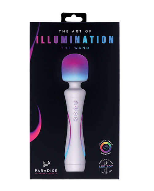 Illumination THE Wand Massager White packaging featuring elegant design and customizable LED lighting.