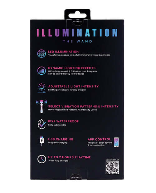 Illumination THE Wand Massager White packaging features LED illumination, customizable lighting, and vibration settings.