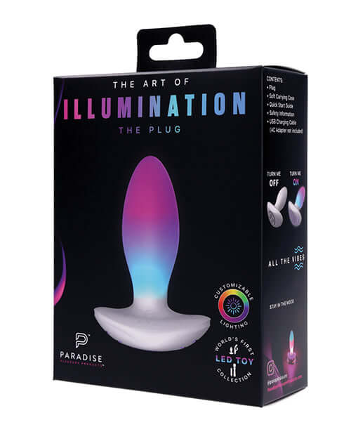 Illumination THE Plug Vibrator White packaging showcasing vibrant colors and premium design details.