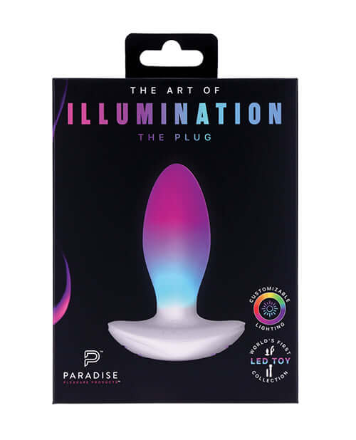 Illumination THE Plug Vibrator White packaging featuring customizable lighting design and elegant aesthetics.