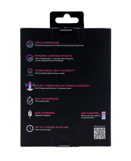 Back packaging of Illumination THE Plug Vibrator White highlighting features like LED illumination and adjustable light intensity.