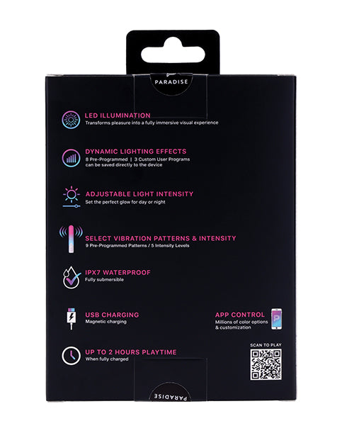 Features of Illumination THE Bullet Vibrator White packaging, including LED illumination and adjustable light intensity.
