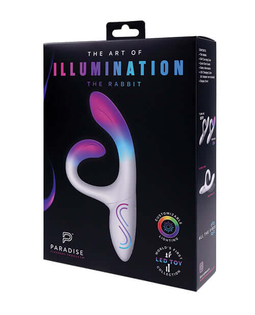 Illumination THE Rabbit Vibrator White packaging showcasing its elegant design and customizable features.