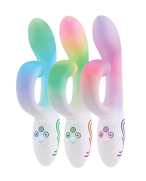 Illumination THE Rabbit Vibrator White in vibrant colors showcasing dual stimulation features.