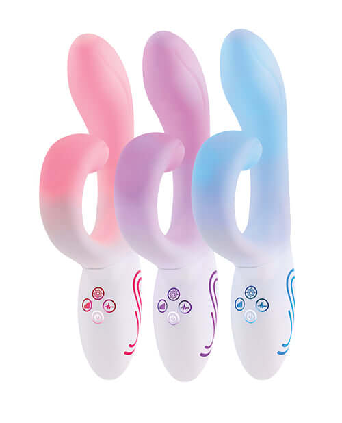 Illumination THE Rabbit Vibrator White in pink, purple, and blue colors showcasing elegant design and customizable stimulation.