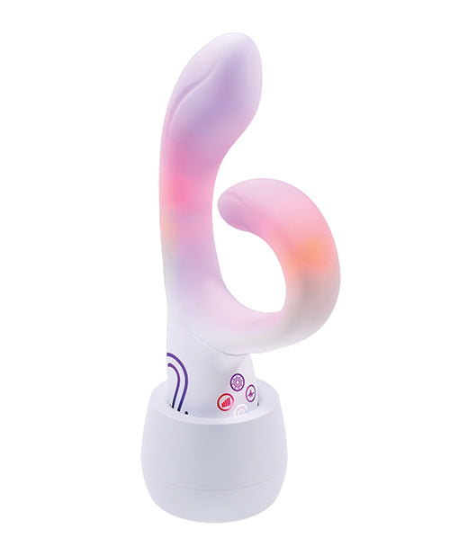 Illumination THE Rabbit Vibrator White with dual stimulation and elegant design, showcasing a modern, colorful aesthetic.
