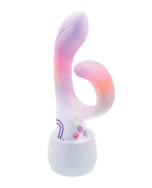 Illumination THE Rabbit Vibrator White with dual stimulation and elegant design, showcasing a modern, colorful aesthetic.
