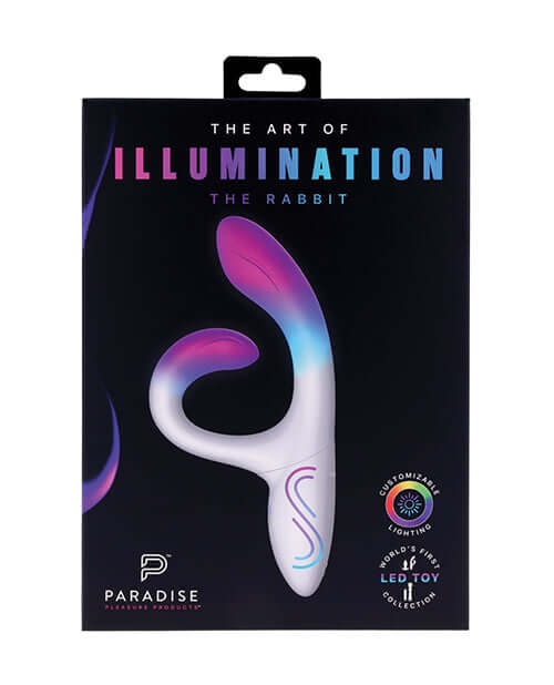 Illumination THE Rabbit Vibrator White packaging showcasing elegant design and customizable lighting features.