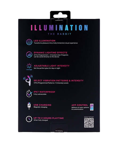 Product features of Illumination THE Rabbit Vibrator White showing LED illumination, dynamic effects, adjustable intensity, and app control.