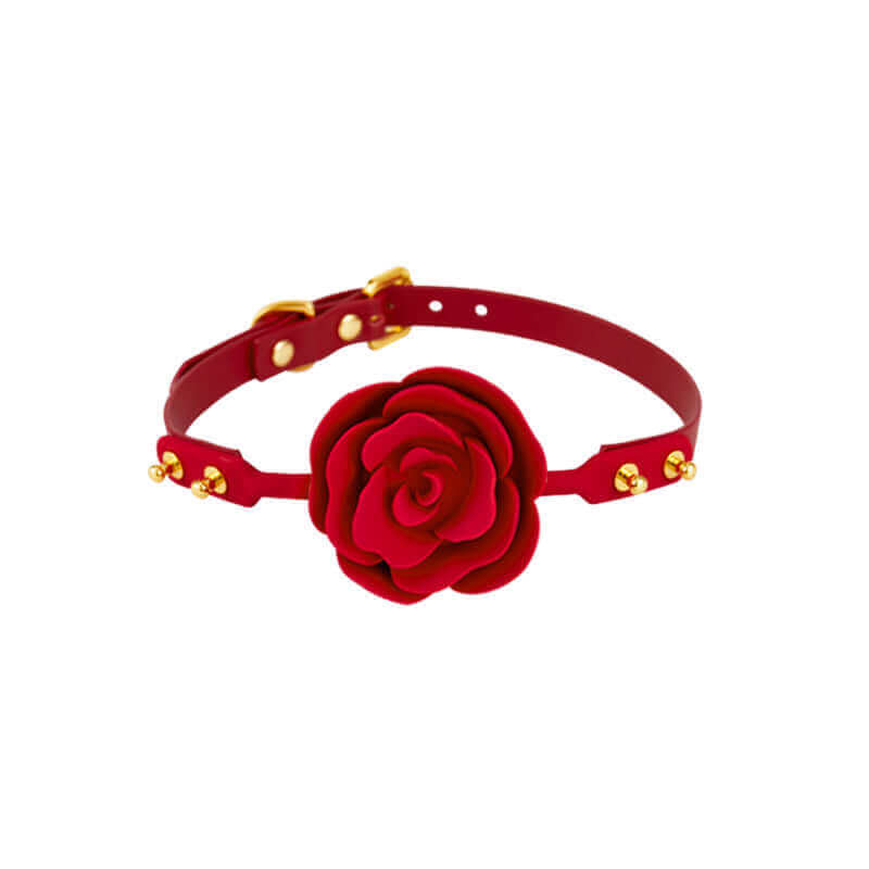 ZALO & UPKO red rose ball gag from Doll Designer Collection, luxury Italian leather strap with gold accents, Dow-Corning silicone ball