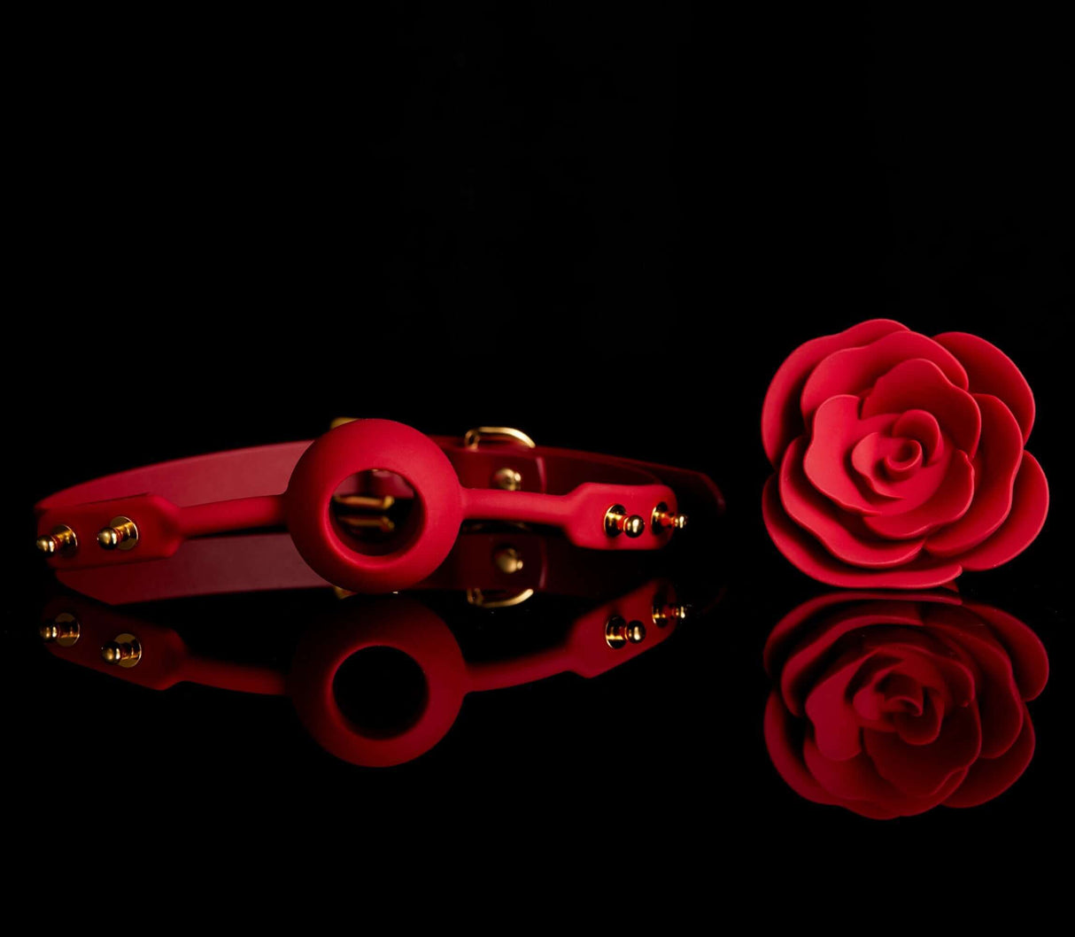 ZALO & UPKO Doll Designer Collection Rose Ball Gag red with patented rose-shaped design, luxury Italian leather, and zinc alloy.