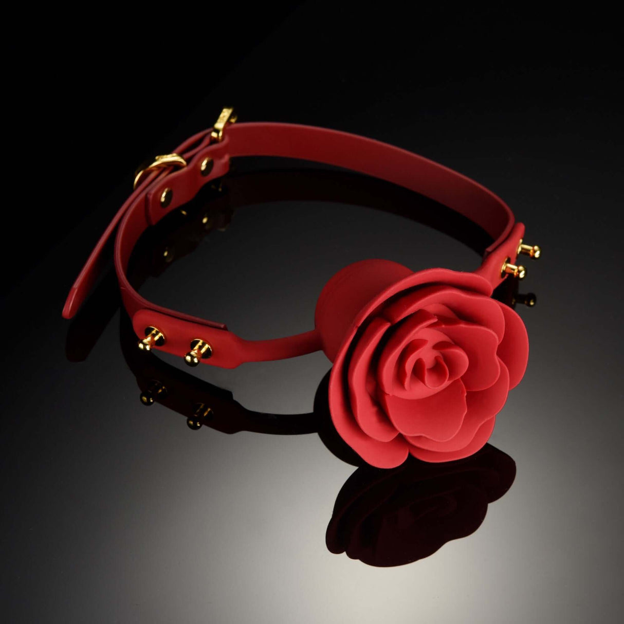 ZALO & UPKO red rose ball gag from Doll Designer Collection, luxury Italian leather and Dow-Corning silicone, with gold accents.