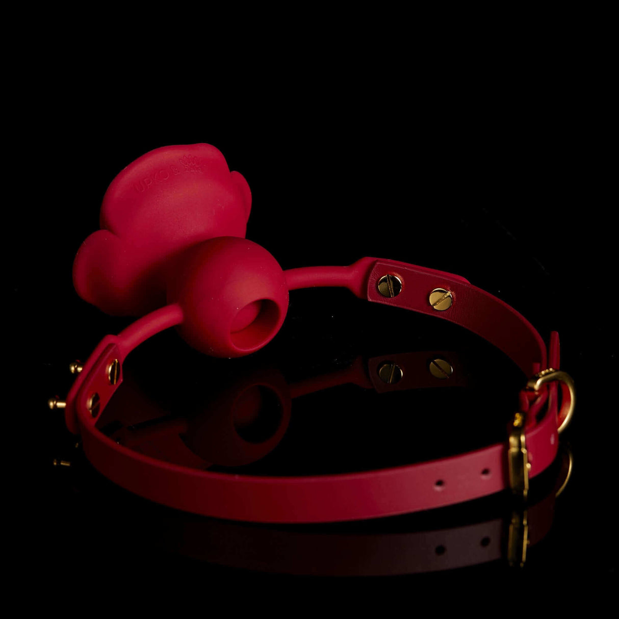 ZALO & UPKO all-red rose-shaped ball gag from Doll Designer Collection, made with luxury Italian leather and Dow-Corning silicone.