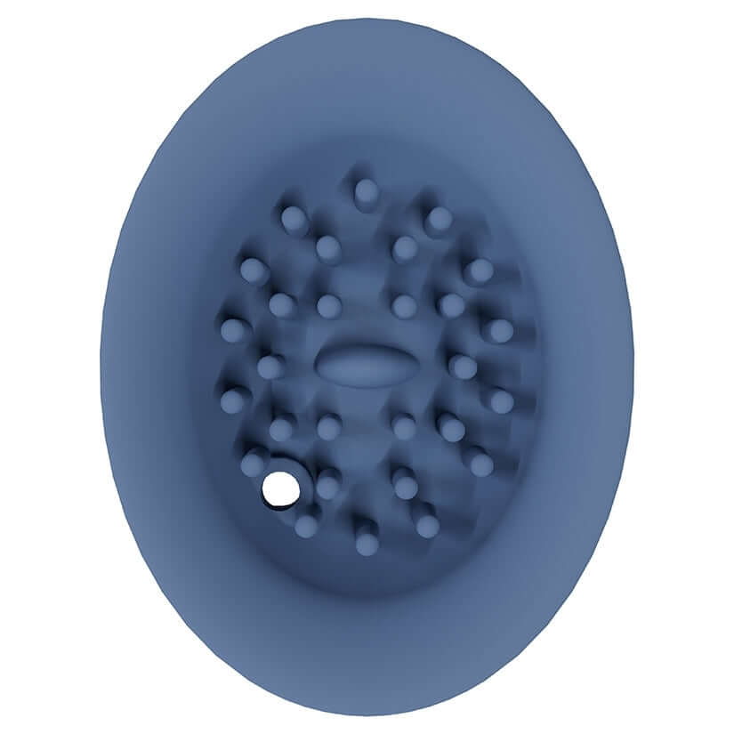 Close-up view of the textured silicone head of the Shots Innovation Twitch 3 Rechargeable Vibrator & Suction Blue.