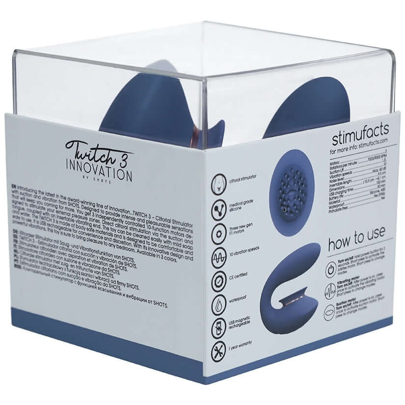 Shots Innovation Twitch 3 Rechargeable Vibrator & Suction Blue packaging displaying product features and usage.