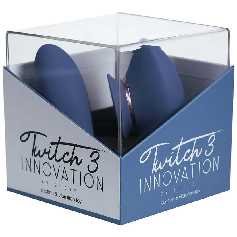 Shots Innovation Twitch 3 Rechargeable Vibrator & Suction Blue in transparent packaging showcasing its design.
