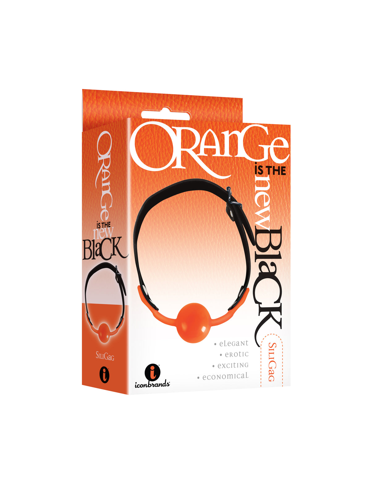 Orange Is the New Black Siligag Silicone Ball Gag packaging featuring a smooth silicone ball and faux leather strap.