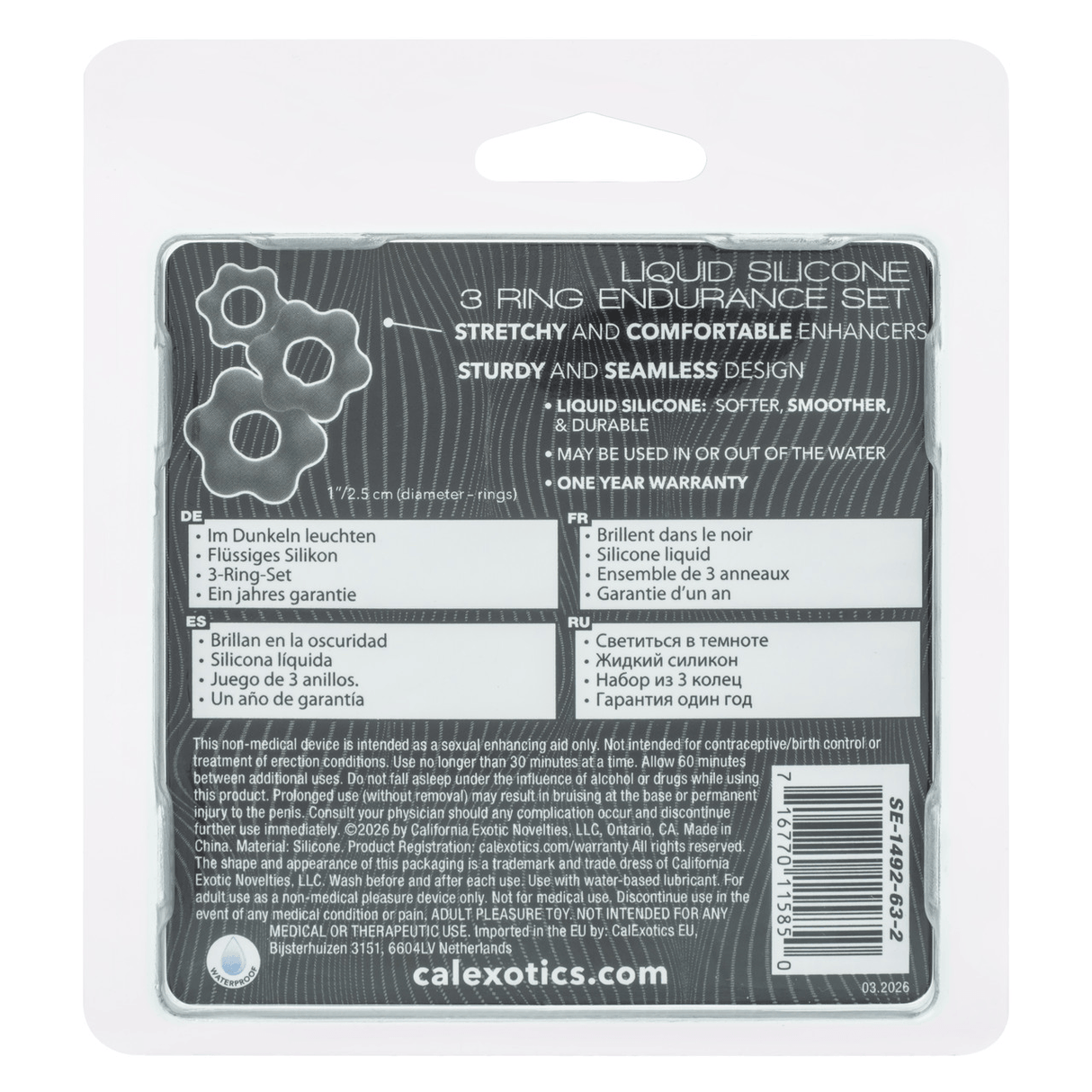 Alpha Liquid Silicone 3 Ring Endurance Set Grey packaging and features description.