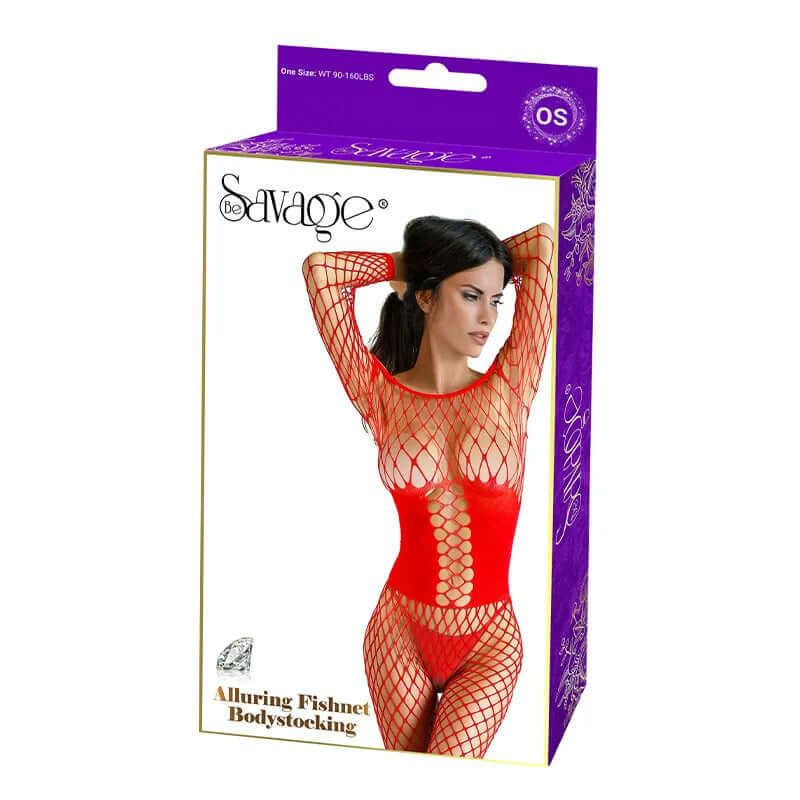 Be Savage Alluring Fishnet Bodystocking Red packaging displaying model in alluring red fishnet bodystocking.