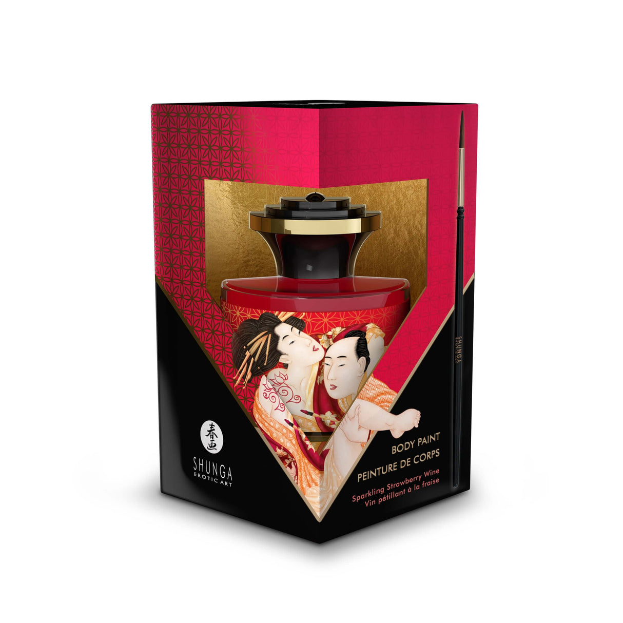 Shunga Edible Body Paint Sparkling Strawberry Wine elegantly packaged in a decorative box with a brush.