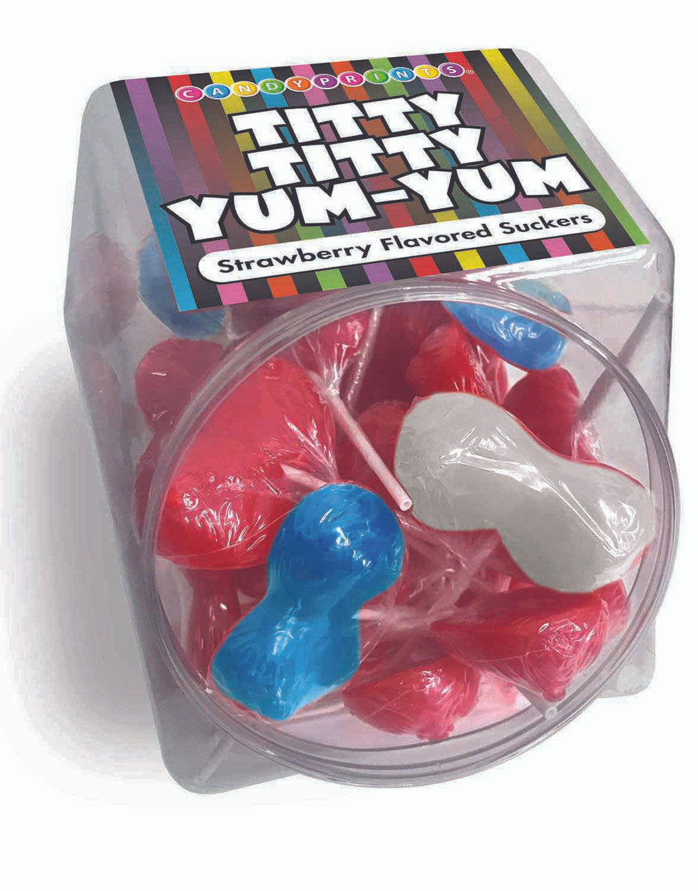 Titty Titty Yum Yum Strawberry Suckers 48 Count Bowl featuring colorful strawberry-flavored suckers in a clear container.