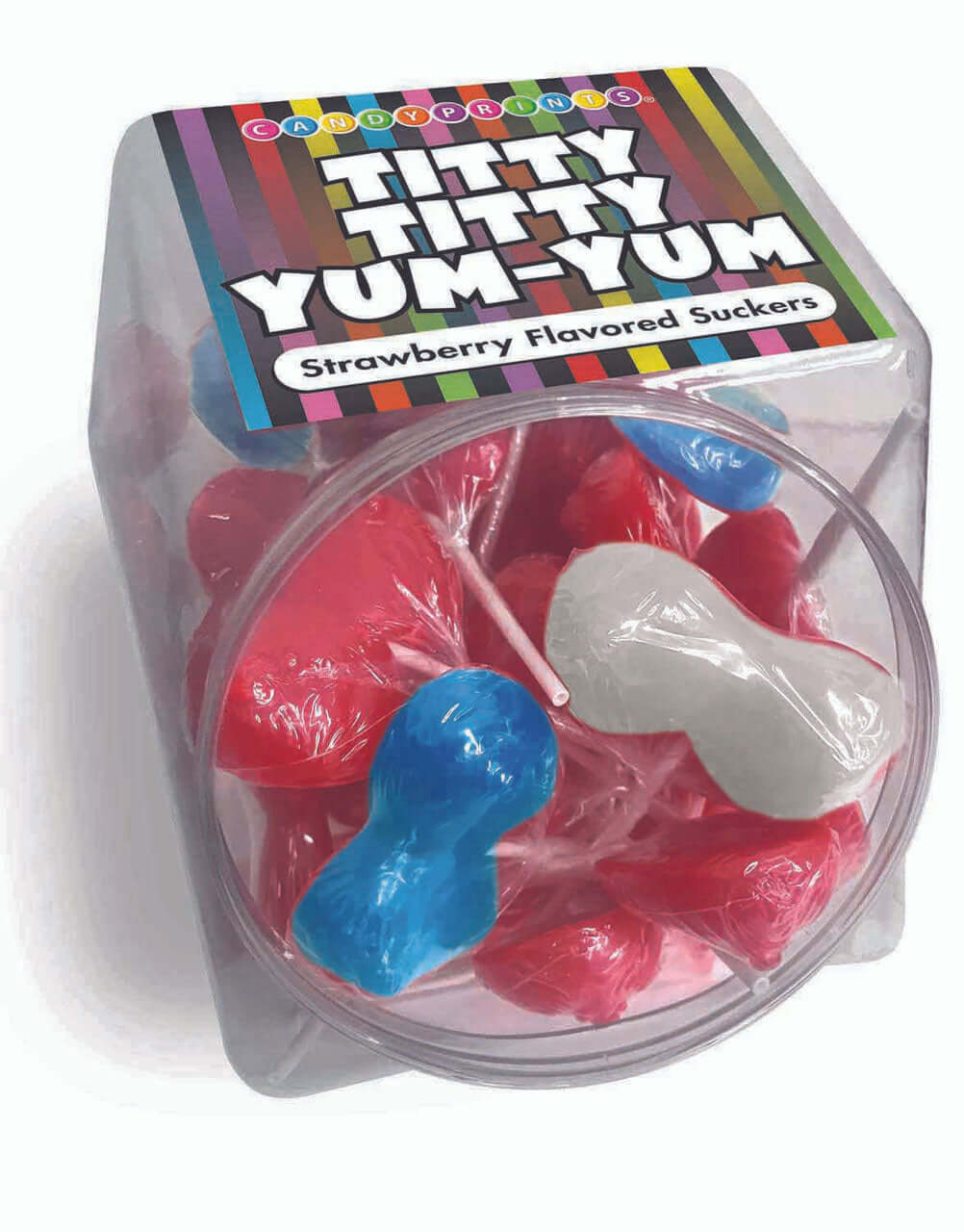 Titty Titty Yum Yum Strawberry Suckers 48 Count Bowl featuring colorful strawberry-flavored suckers in a clear container.
