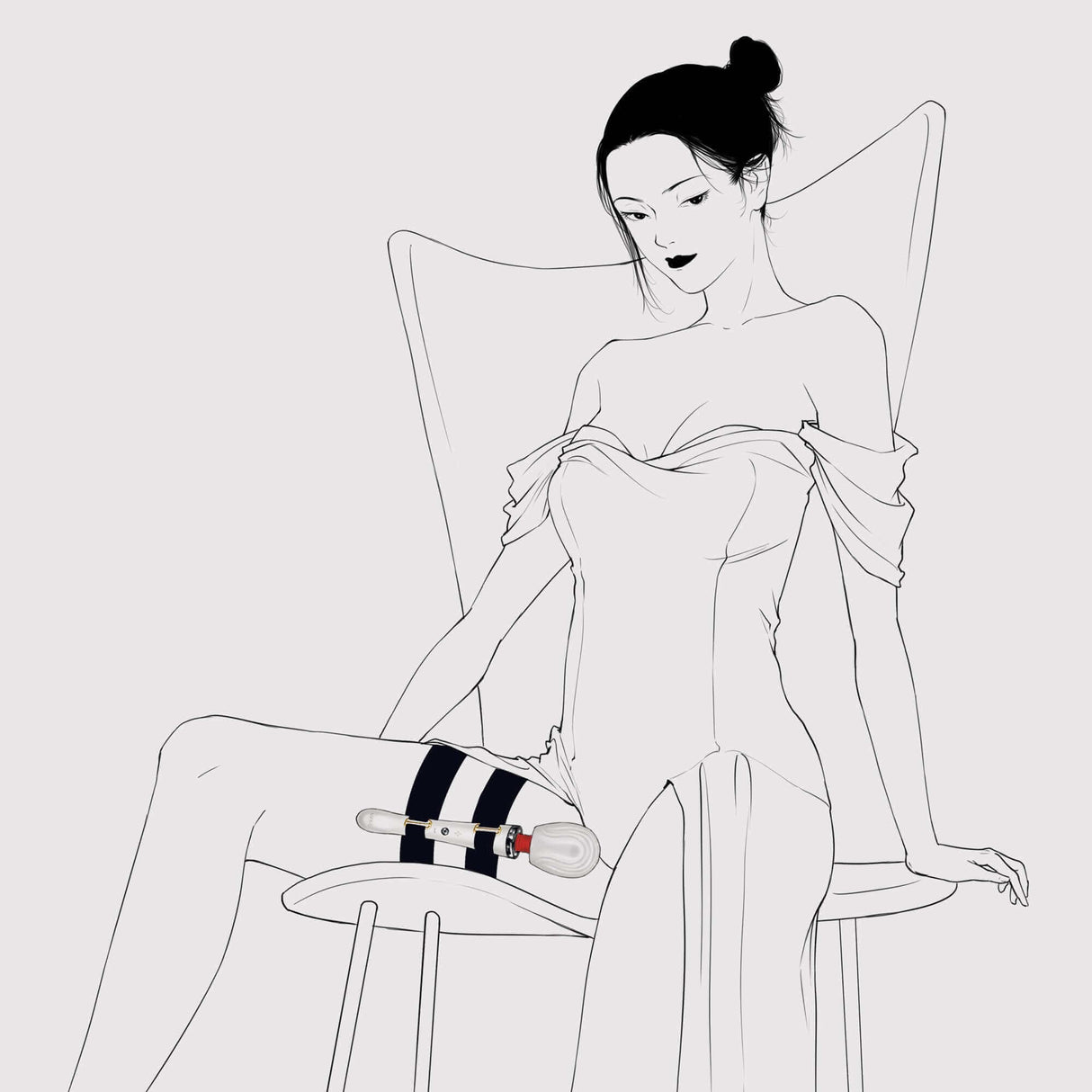 Woman sitting in a chair showcasing UPKO Remote-Control Wand Vibrator with thigh harness for enhanced pleasure.