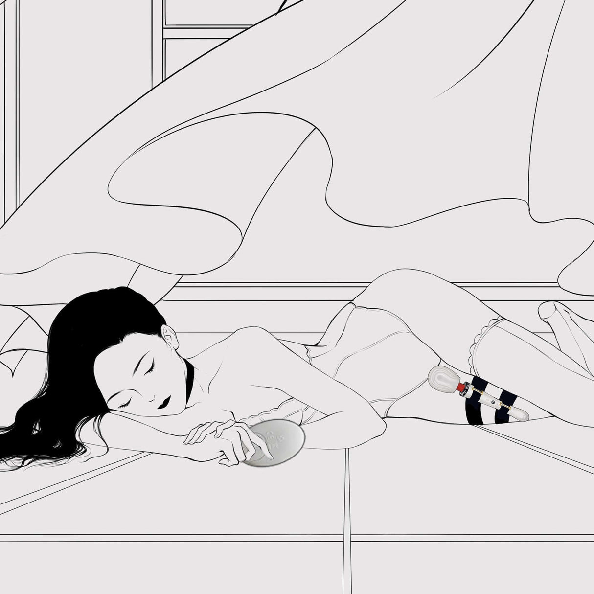 A stylized line drawing of a woman lying down with a remote-control wand vibrator and thigh harness combo.