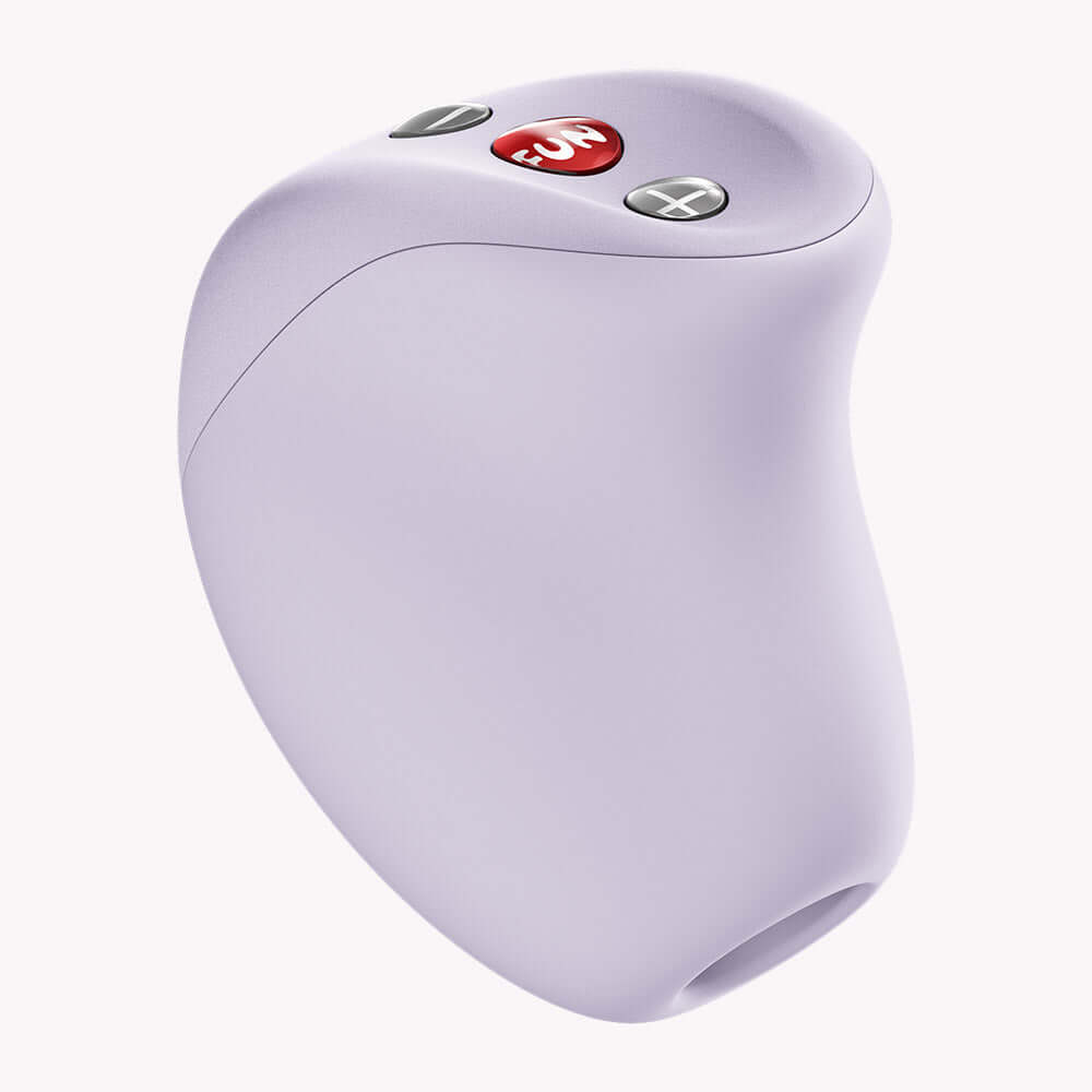 Fun Factory Mea Air Pulse Clitoral Vibrator Purple, sleek design with control buttons for touchless stimulation.