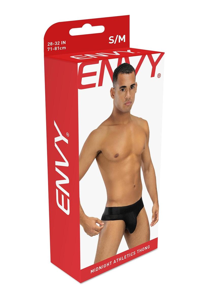 Envy Midnight Athletics Thong Black Small Medium packaging featuring a model showcasing the product design.