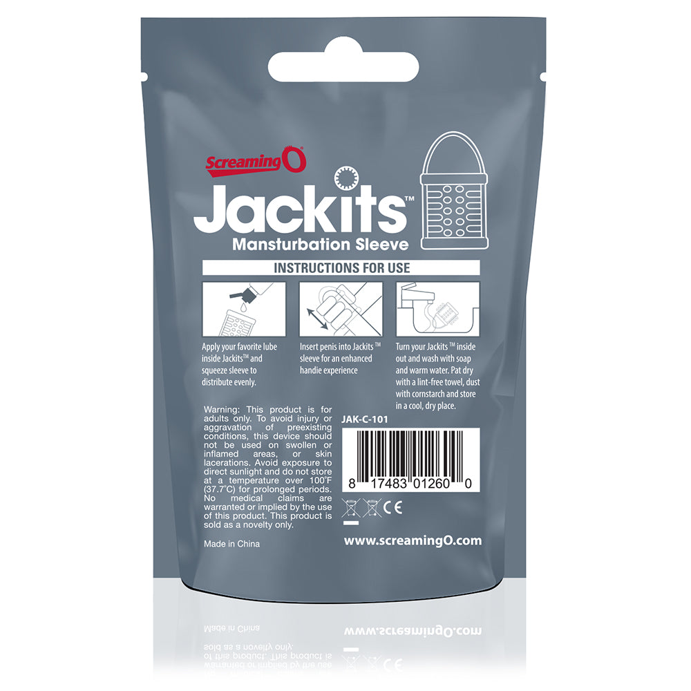 Screaming O Jackits Masturbation Sleeve Clear packaging with usage instructions for enhanced solo play.