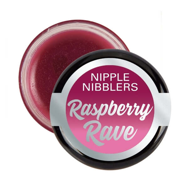 Nipple Nibblers Cool Tingle Balm Raspberry Rave in a jar showcasing the vibrant raspberry color and logo.