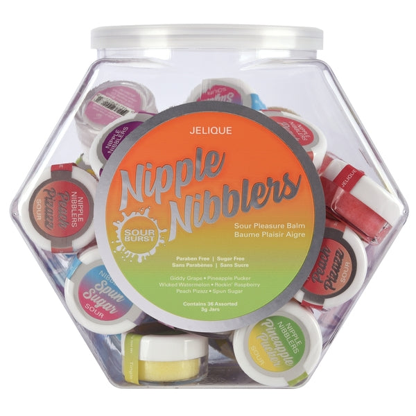 Nipple Nibblers Sour Pleasure Balm Assorted 36 Pc Fishbowl featuring assorted flavors in a clear hexagon container.