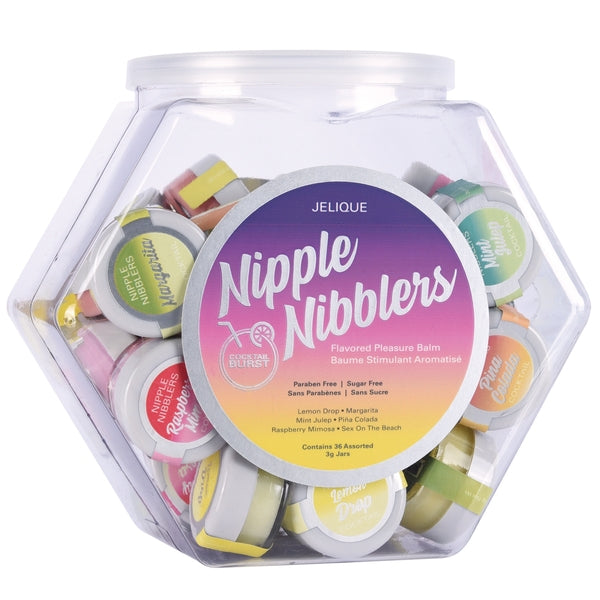 Jelique Nipple Nibblers Cocktail Tingle Balm 36ct Fishbowl with assorted flavored pleasure balms.