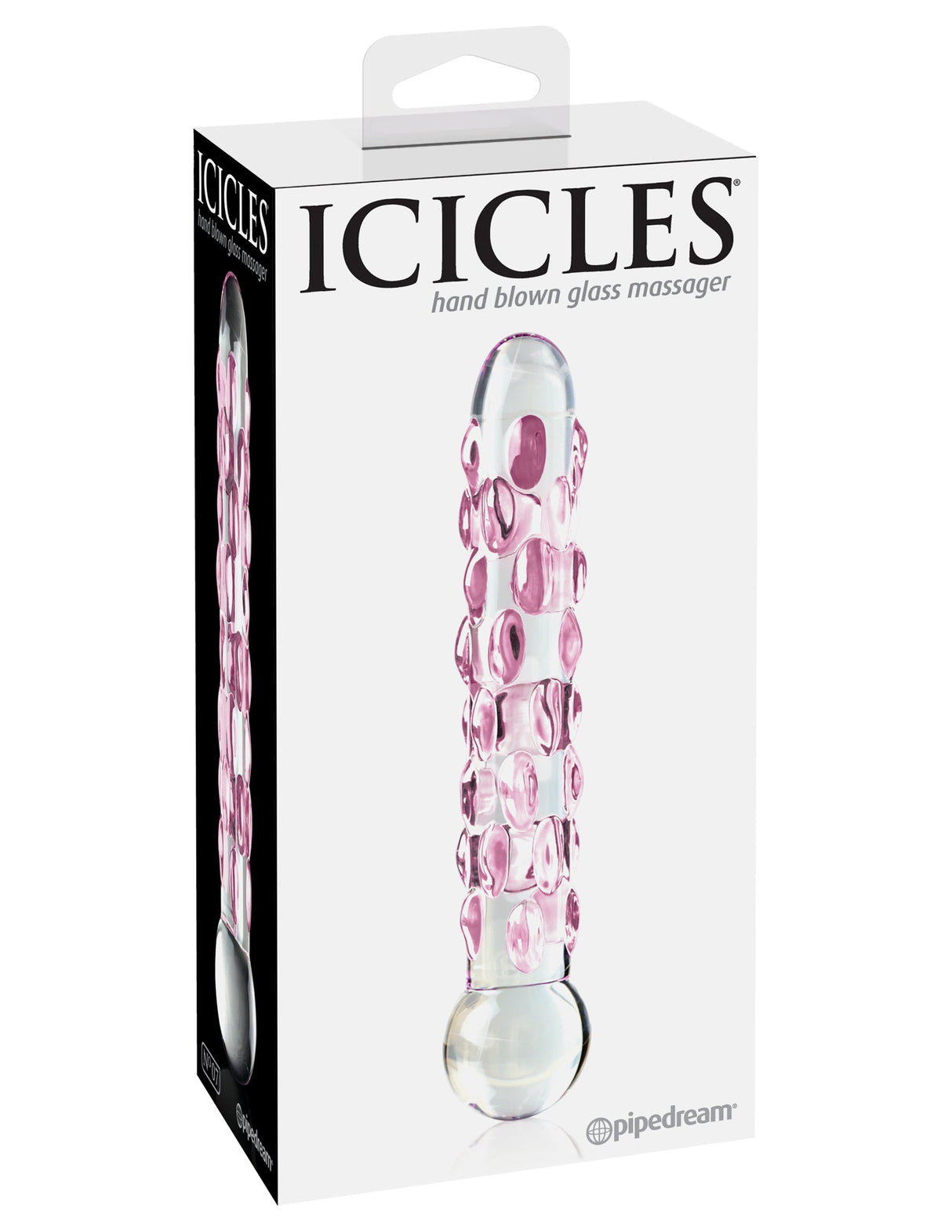 Icicles No 7 Glass Dildo 7 Inch Clear Pink packaging displaying a hand-blown glass massager.