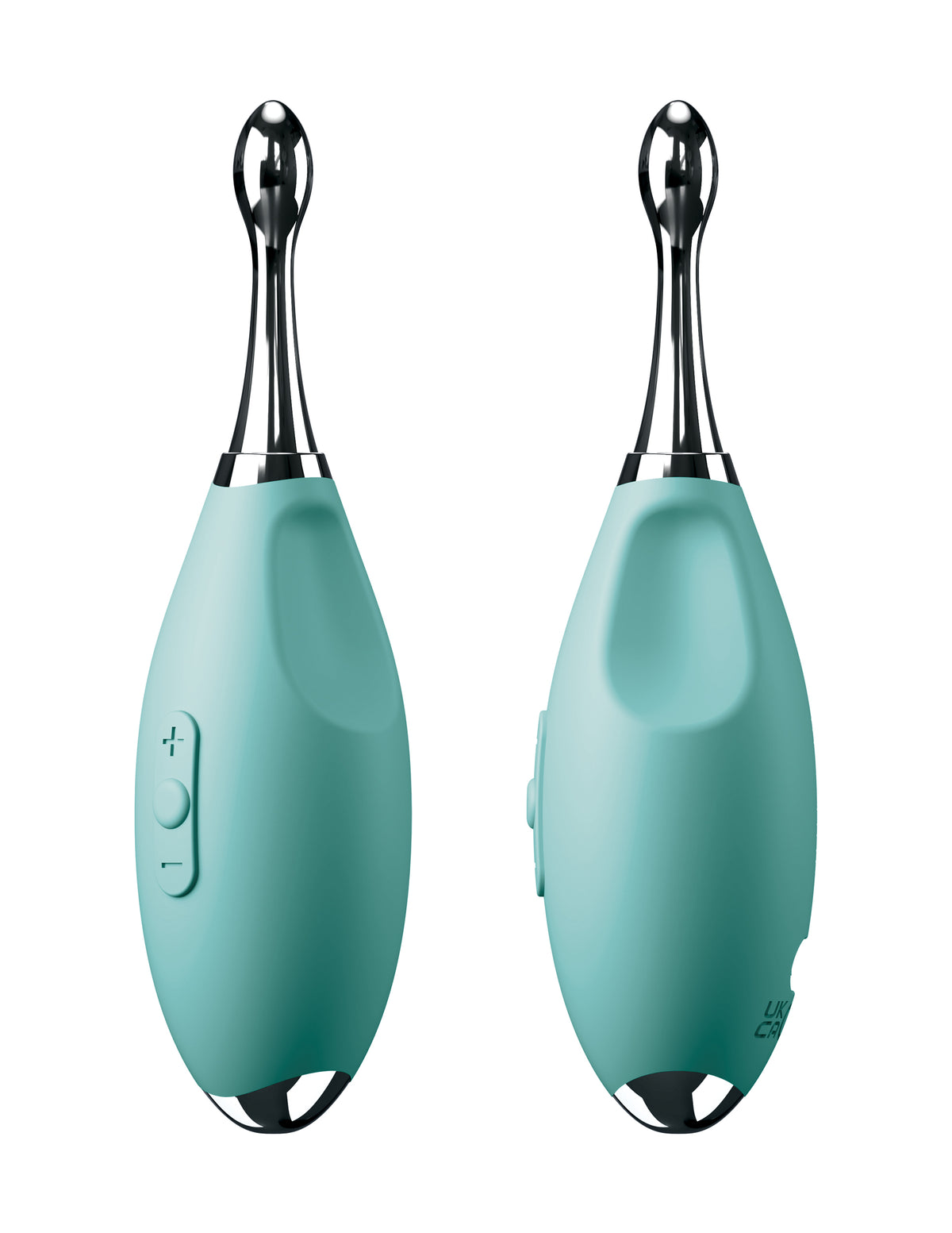 Jimmyjane Focus Pro Sonic Vibrating Massager in teal with stainless steel details and control buttons.