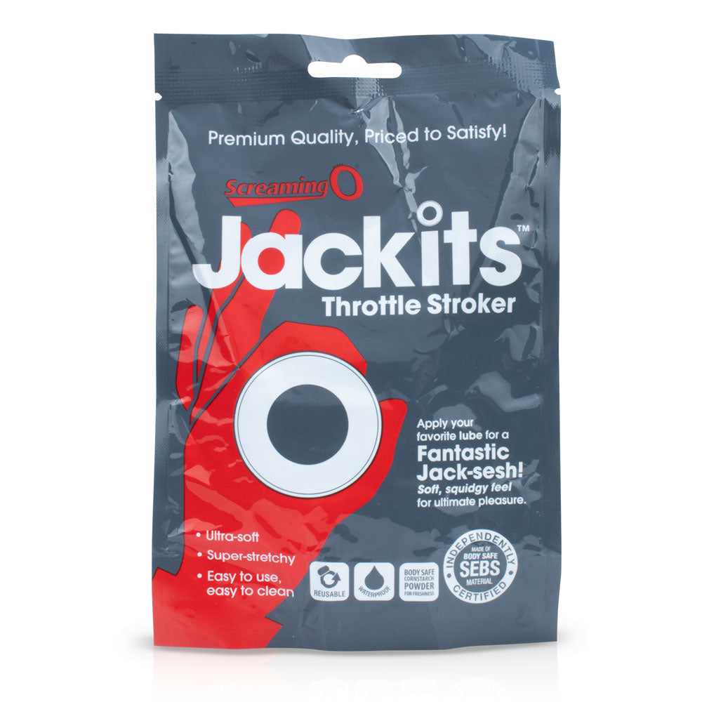 Screaming O Jackits Throttle Stroker Clear packaging showcasing its features like ultra-soft, super-stretchy, and body-safe material.
