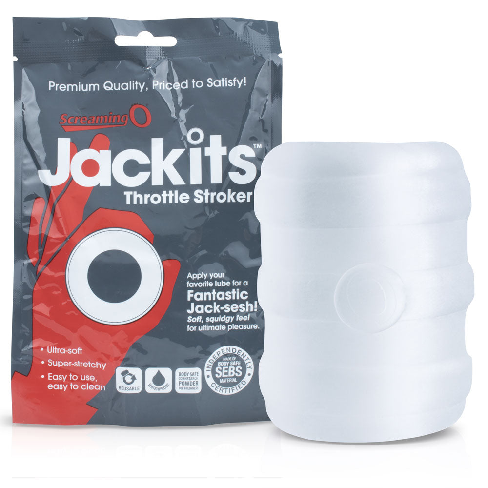 Screaming O Jackits Throttle Stroker Clear, ultra-soft stretchy stroker for enhanced solo sessions, body-safe and washable.