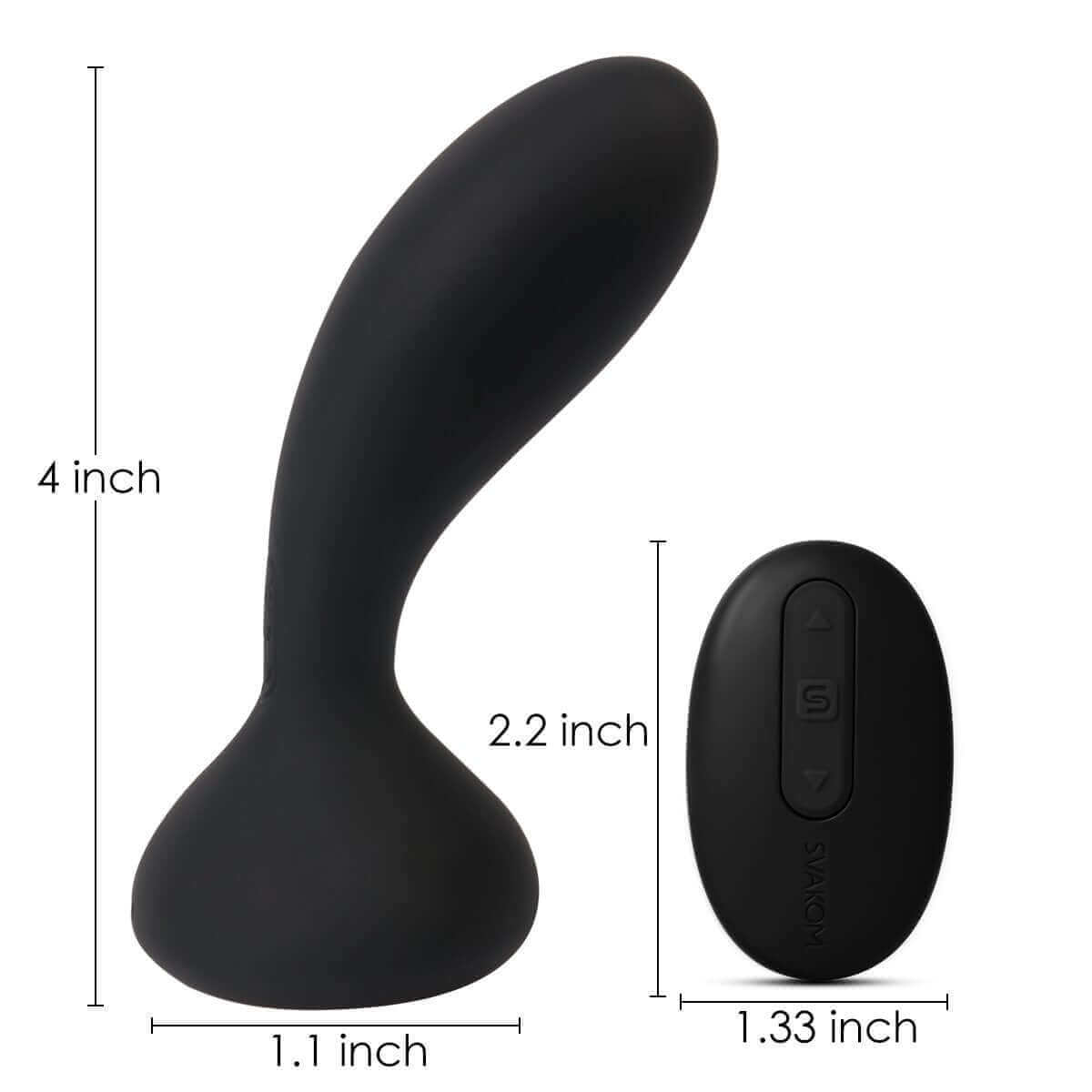 Svakom Julie Powerful Anal Plug with Remote Control Black dimensions: 4 in x 1.1 in, 2.2 in base, remote control size.