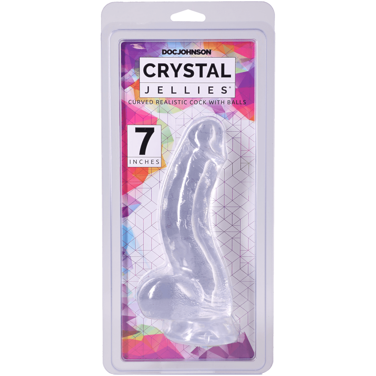 Crystal Jellies Realistic Cock With Balls 7 Inch Clear product packaging showing a clear dildo with curved design.