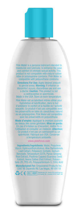 Pink Water Based Lubricant for Women 8 Oz bottle back view with instructions and details.
