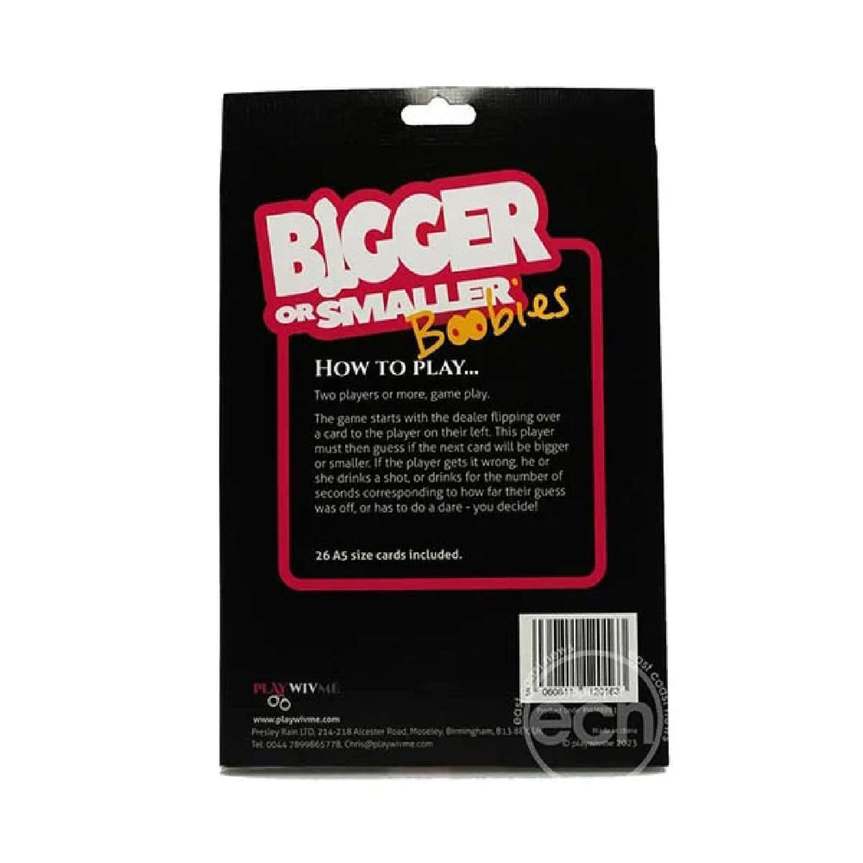 Play Wiv Me Bigger or Smaller Boobs Card Game packaging and instructions for party gameplay.