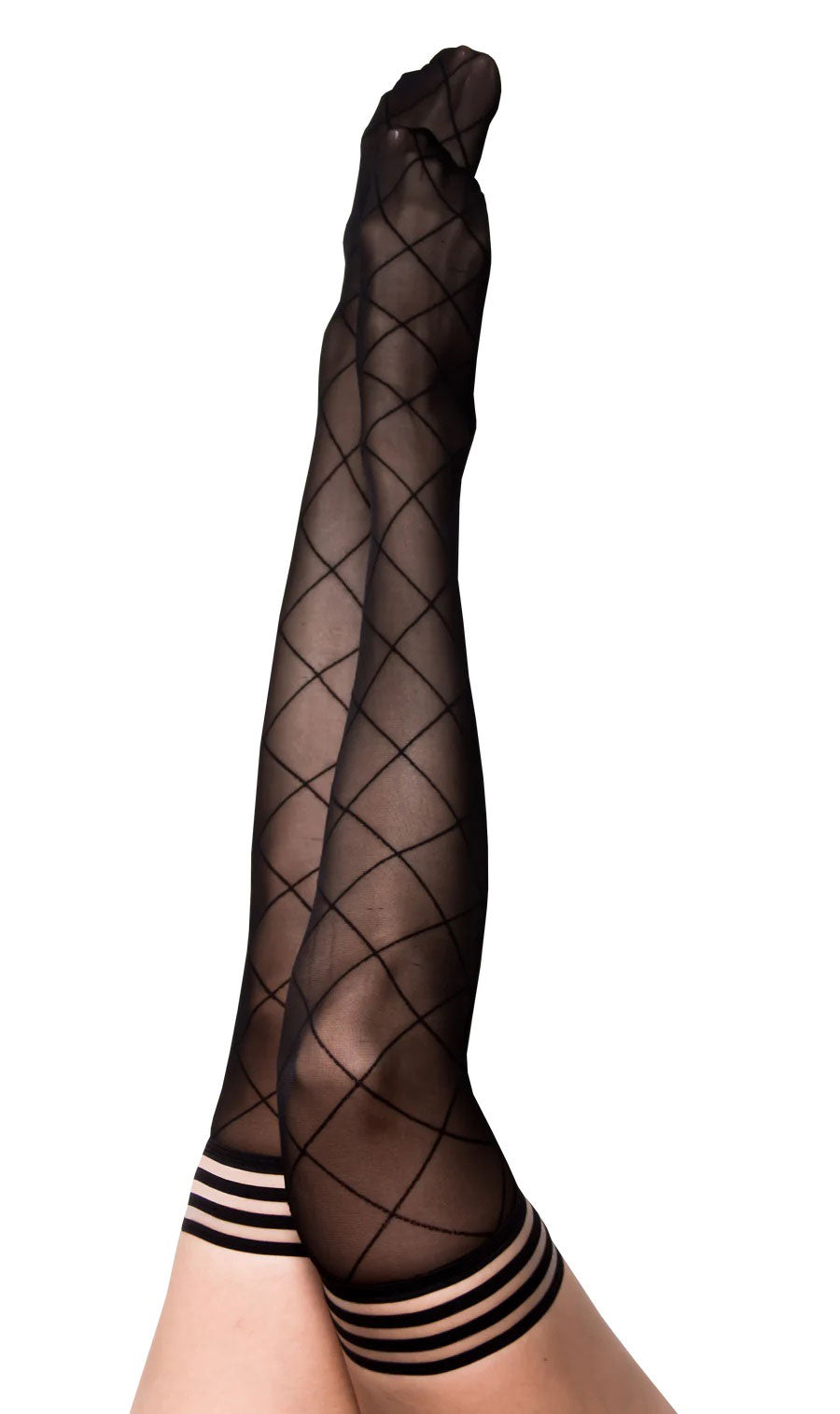 Kix'ies Anna Diamond Thigh High Size C Black with a stylish diamond pattern and silicone grip for all-day comfort.